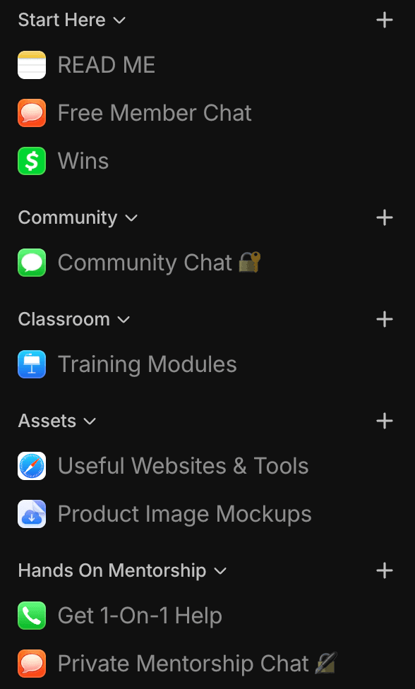 Music Money Whop sidebar showing channels: READ ME, Free Member Chat, Wins, Community Chat, Training Modules, Useful Websites and Tools, Product Image Mockups, Get 1-On-1 Help, Private Mentorship Chat.